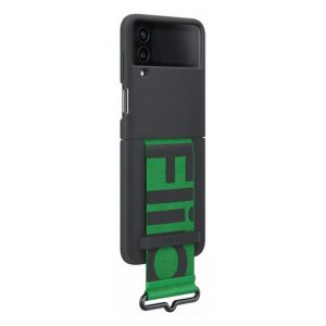 Samsung Z Flip 4 Silicone Back Cover with Leather Strap - Black