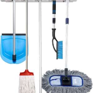 Absolute Living Cream Wall Mount Organizer - Heavy Duty Mop & Broom Holder with 5 Grip Slots & 6 Folding Hooks - Perfect for Home, Garage & Laundry Room Organization