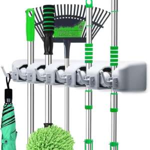 Circle M Wall Holder, Wall Mounted Mop and Broom Hanger Holder, Garage Storage Rack, Garden Tool Organizer, 5 Position 6 Hooks, Space-Saving Organizer for Home, Kitchen, Bathroom, Laundry Room