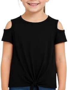 Ajyal Girls Cold Shoulder T-Shirt with Front Tie Detail, Casual Summer Top