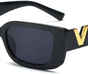 UV400 Protection Women's Sunglasses with Metal Gold V Logo Black Frames Geometric Lenses