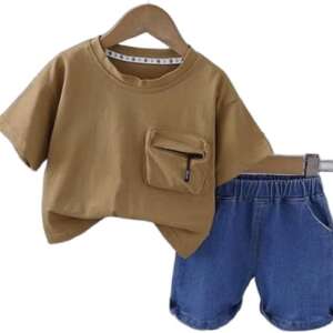 Boys Outerwear Set - 2 Piece Front Pocket T-Shirt with Side Pockets Denim Shorts Fashion and Comfortable Design for Boys