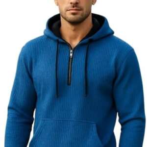 Men's Cotton Half Zip Hoodie Premium Ribbed Double Hood