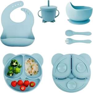 Fantastic-Kids-Toys 6 Piece Silicone Baby Feeding Set, Weaning Supplies, Includes Suction Cups & Divided Plates, Adjustable Bib, Baby Utensils, Spoons & Forks, Cup-Fantastic-Kids-Toys (Panda L-Blue)