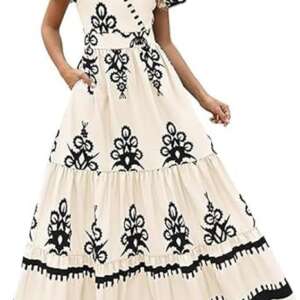 GQ Women's 2025 Summer Casual V Neck Boho Maxi Dress Flowy Aline Bell Sleeve Tiered Floral Dresses with Pocket