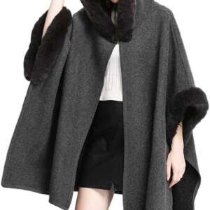 SHOWDAY Women Luxury Faux Fur Coat Jackets Wrap Cape Shawl for Wedding Party Faux Fox Fur Trim Cardigan Cloak Shawl Wraps Winter Poncho Oversized Cape