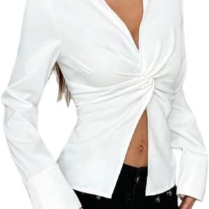 Women's Twist Front Collared Blouse, Long Sleeve, White, Regular Fit