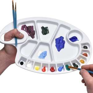 17 Wells Reusable White PVC Plastic Artist Paint Palette 8 x 11.8 Inch Oval Shaped Panel Painting Pallette Non-Stick Paints Washable with Thumb Hole, Kids or Professional Arts Crafts Painting Supplies