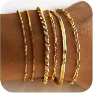 DEARMAY 14K Gold Plated Bracelets for Women Waterproof, Jewelry Sets Trendy Thin Dainty Stackable Cuban Link Paperclip Chain Bracelet Pack Fashion Accessories Gifts for Womens, 6.5"+2", Brass Plated