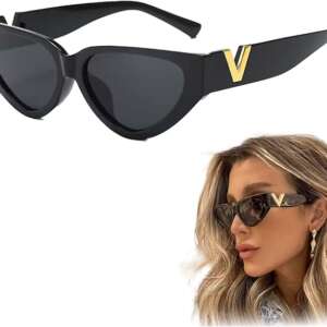 THE PACK Women's Sunglasses with Metal V Logo, Black Frames, Geometric Lenses, 54mm