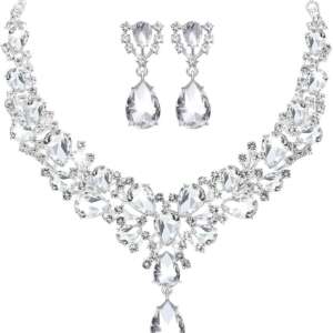 Silver Jewelry Set for Women Formal,Teardrop Cluster Crystal Jewelry Set for Women Necklace Earrings