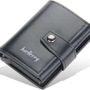 Baileeri Men's 2 x 1 Leather Snap On Wallet Card Holder with Aluminum Card Holder Auto Button for Graduating Exit Cards Holder Holder for Up to 7 Cards and Money Pocket (Black)