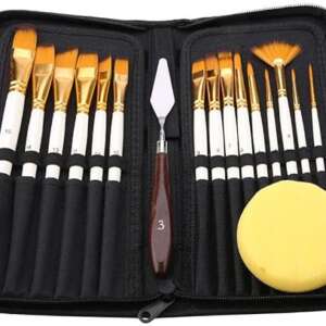17Pcs Artist Paint Brush Set with Carrying Black Case Knife Sponge for Watercolor Oil Acrylic Drawing Painting