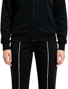 0MEZA Women's Sports Set - Black Tring Athletic Set – Zip Up Jacket & Pants with White Stripes | Gym & Jogging & Casual Wear for Girls & Women
