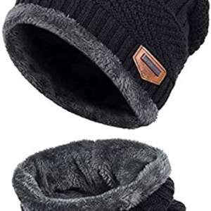 2-Pieces Winter Beanie Hat Scarf Set Warm Knit Hat Thick Fleece Lined Winter Hat & Scarf For Men Women For Men