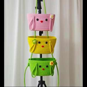 Decorative 3-Tier Woven Wall Hanging Storage Baskets, Pink Yellow Green, Cotton Rope, 24x13cm, Cute Bunny Face Design, Boho Style, Handmade Mounted Organizer for Bedroom