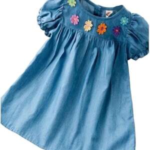 Girls Summer Denim Dress Short Sleeve Button Back