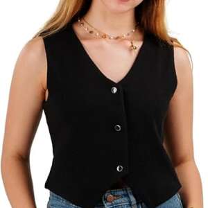 Plein de vie Women's Black Vest – Classic Sleeveless Stretch Top, 100% Cotton with Lycra, Casual