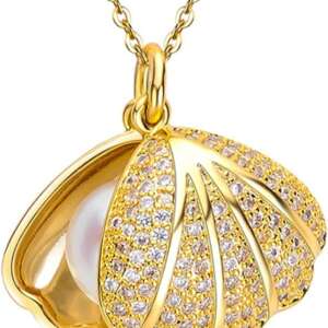 Julia Store 18K Gold Plated Stainless Steel Trendy Small Best Selling Sea Shell Pearl Zirconia Pendant Necklace Fashion Beach Seashore Jewelry Gifts