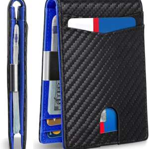 THE PACK | Slim Wallets for Men - Leather Money Clip Mens Wallet - RFID Blocking Front Pocket Bifold Wallet - Thin Credit Card Holder (Carbon-Fiber-BLUE)