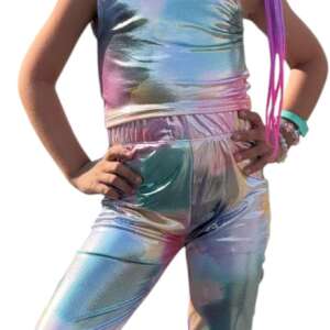 Girls Leather Disco Gymnastics Shoulder Crop Top Pants Set