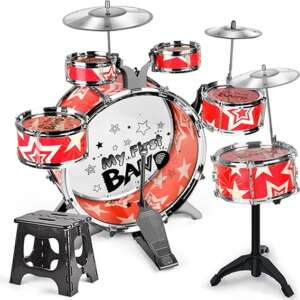 Drum Set - Eacam 6-Piece Jazz Drum Set with Folding Step Stool Cymbal Pedal Drumsticks Percussion Musical Instrument for Kids Children Junior Beginners