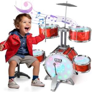 Toddlers Drum Set for Kids 1-3 3-5 with 5 Light up Drums, Higher Bracket of Musical Drum Toys for Toddlers, Red Drumset for Girls Boys 2-4 4-6 Years