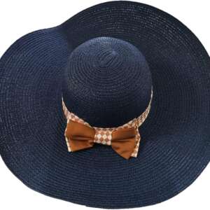 Wide Brim Sun Hat, Straw with Brown Checkered Bow, Summer Beach Hat