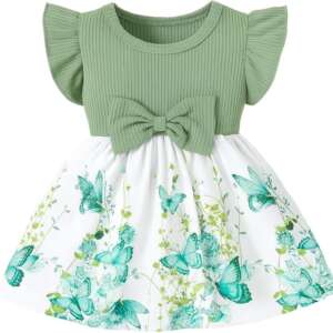 Butterfly Girl Dress, Red and White, Ruffle Sleeves, Bowknot, Beautiful Butterflies Print