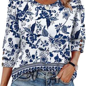 GQ Women's 3/4 Sleeve Blouse, Button-Cuff Detail, Scoop Neck, Casual Blouses Summer Outfits Beach Vacation Clothes