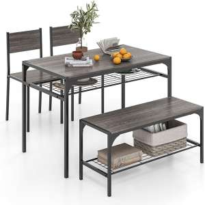 RELAX4LIFE Dining Table Set 4-Piece Dining Room Table with 2 Chairs Bench, Seating Set with 2 Storage Shelves, Bar Table with Metal Frame, Industrial Design, Dining Room Set for Kitchen, Dining Room