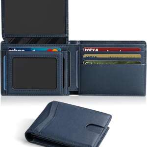 Dipelle Men's Slim Bifold Wallet | 100% Genuine Leather – 10 Card Slots, 2 ID Pockets, 2 External Quick Access Pockets, 2 Bill Pockets – Stylish & Compact with Premium Gift Box (Navy)