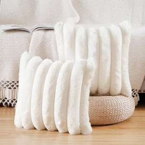 MADIZZ Plush Faux Fur Throw Pillow Covers 22x22 Inch Cream White Set of 2 Fluffy Striped Soft Decorative Cushion Cover for Sofa Bedroom Pillow Shell