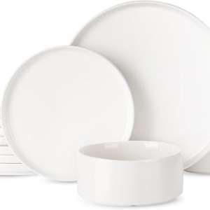 Famiware Porcelain Dinnerware Set, 12-Piece Modern Plate and Bowl Set, Dish Set for 4, Microwave and Dishwasher Safe Tableware, White