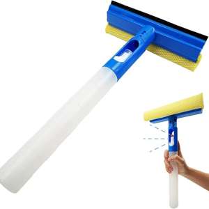 Car Window Cleaner Squeegee with Sponge and Rubber Blade Cleaning Tool Wiper with Spray Bottle 3 in 1 Multipurpose | for Indoor and Outdoor, Home, Car Window, Glass (1 Pack)
