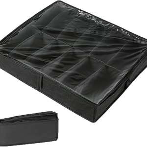 Under Bed Shoe Storage Organiser, Folding Under Bed Shoe Box with Transparent Lid Fits 12 Pairs Total - Underbed Storage Solution (1 Pcs Black)