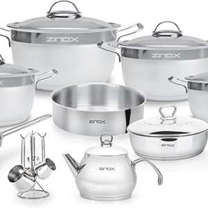 Zinox 21-Piece Mixed Set Prime (Casserole Pots 16-20-22-26 cm – Milk Pan 14 cm – Frying Pan 24 cm with Lid – Oven Tray 24 cm – 4-Piece Coffee Pot Set – Frying Pan 12 cm – 1 L Tea Pot – Rack)