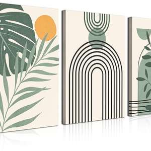 Boho Wall Art Set of 3 Mid Century Modern Wall Decor Abstract Geometric Prints Black Green Plant Sun Natural Framed Canvas Prints Artwork Ready To Hang for Living Room Bathroom Bedroom 12x16inch