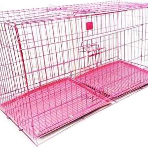 Foldable metal pet animal cage with movable cleaning drawer-two inlets-rose
