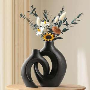Black Ceramic Vase Set of 2,Round Hollow Unique Modern Flower Vases for Home Decor,Boho Donut Style Vases for Nordic Minimalist Style Decor, Wedding Dining Living Room Entryway Table Decorative