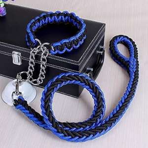 Dog Collar and Leash Set, Heavy Duty Paracord Rope Braided Dog Training Collar and Leash, Reflective and Soft for Pet Skin, for Small Medium Large Dogs (Blueblack, Large)
