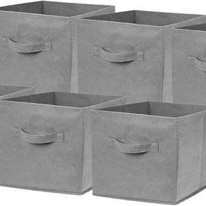 Set of 6 Large Foldable Square Storage Cubes, Fabric Organiser Canvas Cube Boxes Collapsible for Bedroom, Nursery Office, Playroom Toys, 28 x 28 x 28 cm (Grey)
