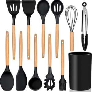 E-far Kitchen Utensils Set of 12, Silicone Cooking Utensils with Holder, Non-stick Cookware Friendly & Heat Resistant, Includes Spatula Tong Whisk Ladle Brush Slotted Turner Spoon(Black)