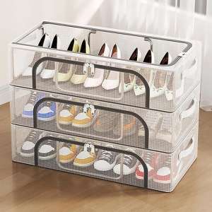 PVC Shoe Storage Box, Fabric Shoe Storage Bins Under Bed Shoe Storage Organiser Underbed Bag with Clear Lid Foldable Under Bed Shoes Bag Shoe Storage 60x30x21cm (3 PCS)