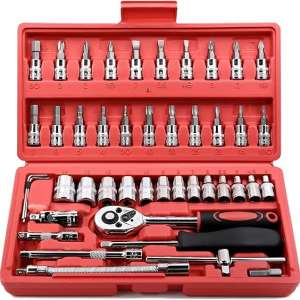 Egofine 46 Pieces 1/4 inch Drive Socket Ratchet Wrench Set, with Bit Socket Set Metric and Extension Bar for Auto Repairing and Household, with Storage Case